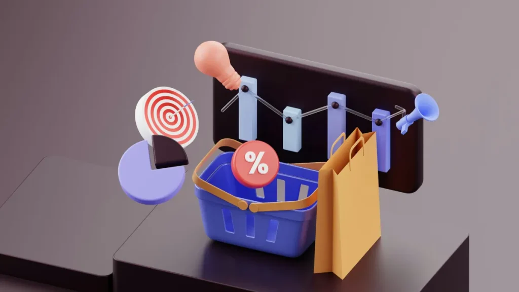 A 3D illustration showcasing e-commerce elements, including a blue shopping basket, a shopping bag, a percentage symbol, a target with arrows, and a pie chart, set against a smooth gradient background.