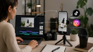 A desk setup illustrating the workflow of moving edited video content from a computer to mobile social media platforms.
