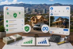 Scale balancing Google and Meta icons alongside contractor marketing analytics.