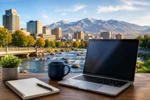 Remote workspace setup with a scenic view of a city and snow-capped mountains.