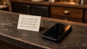 A thank-you card and a phone on a service counter